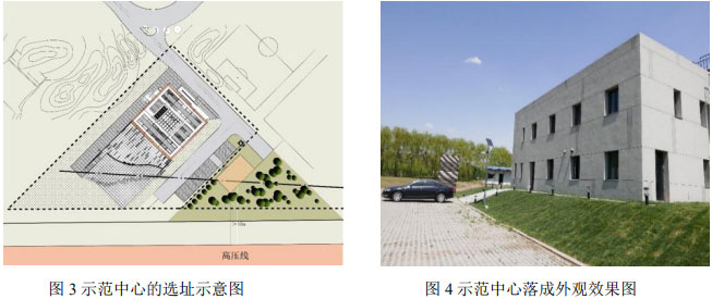 图3示范中心的选址示意图                      图4示范中心落成外观效果图